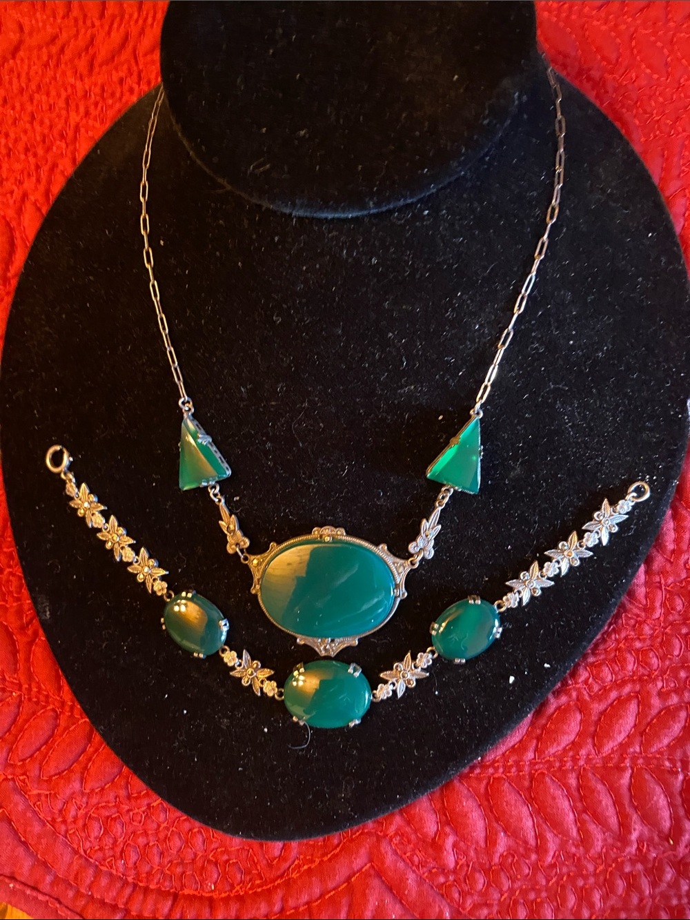 Sterling Green Onyx / Marcasite Art Deco Set